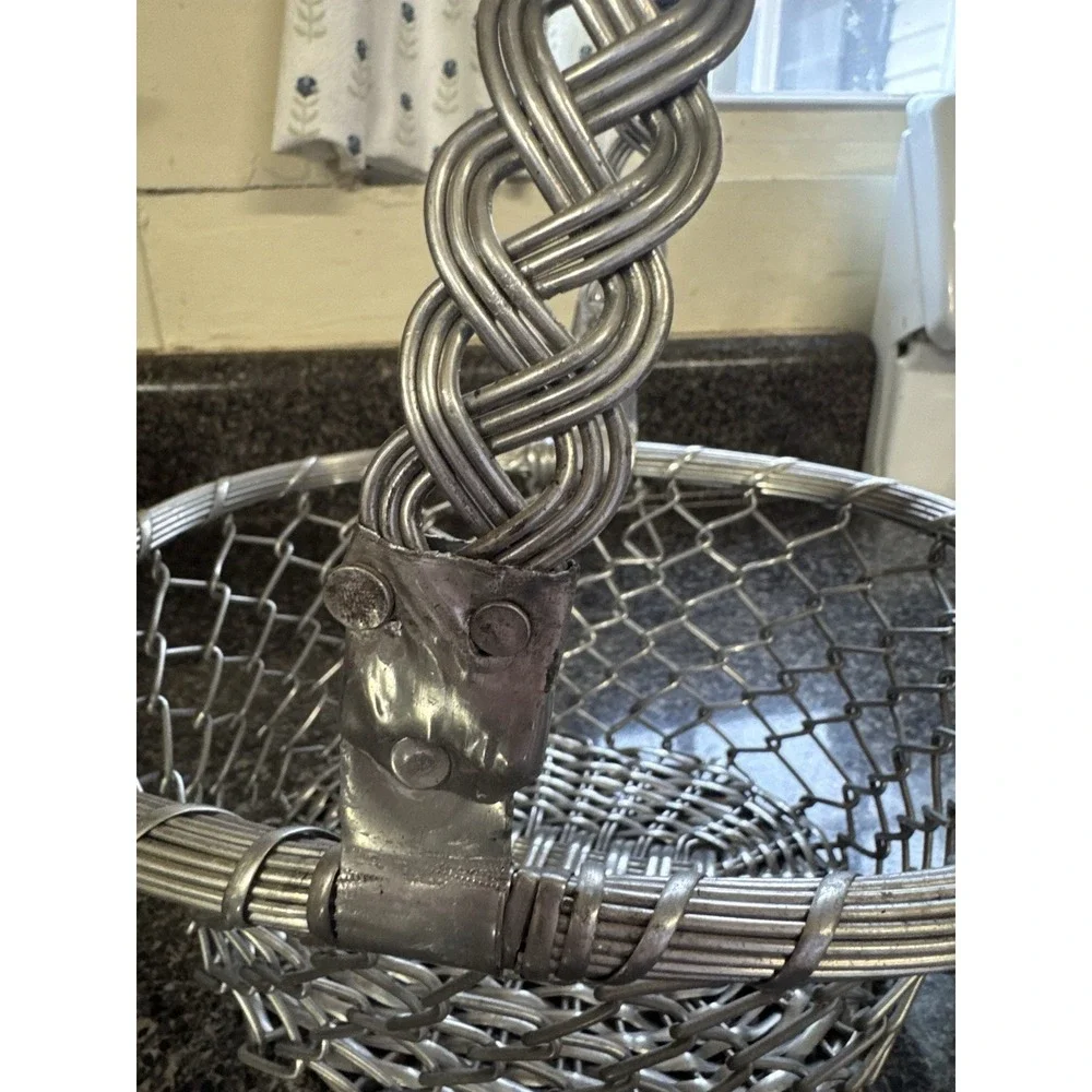Vintage Aluminum Wire Basket with a Braided Handle‎
